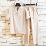 2023-t-hommes-coton-et-lin-manches-courtes-T-Shirt-rin-age-longueur-pantalon-ensemble-solide