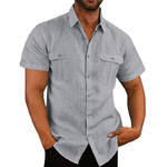 Chemise-Manches-Courtes-en-Coton-et-Lin-pour-Homme-V-tement-D-contract-Respirant-Col-Rabattu