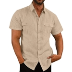 Chemise-Manches-Courtes-en-Coton-et-Lin-pour-Homme-V-tement-D-contract-Respirant-Col-Rabattu