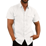 Chemise-Manches-Courtes-en-Coton-et-Lin-pour-Homme-V-tement-D-contract-Respirant-Col-Rabattu