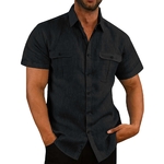 Chemise-Manches-Courtes-en-Coton-et-Lin-pour-Homme-V-tement-D-contract-Respirant-Col-Rabattu