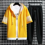 Ensemble-de-surv-tement-capuche-et-fermeture-clair-pour-hommes-manches-courtes-taille-lastique-v-tements