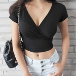 T-shirt-manches-courtes-et-col-en-V-pour-femme-haut-sexy-et-d-contract-couleur