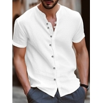 Chemise-en-lin-de-coton-de-style-r-tro-pour-hommes-col-montant-col-en-V