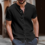 Chemise-en-lin-de-coton-de-style-r-tro-pour-hommes-col-montant-col-en-V