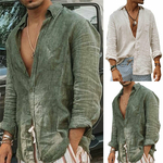 Chemises-d-contract-es-en-coton-et-lin-pour-hommes-col-montant-document-solide-masculin-manches