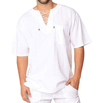Chemise-en-coton-et-lin-pour-hommes-T-Shirt-manches-courtes-col-en-v-respirant-avec