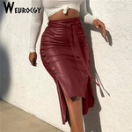 Jupe-mi-longue-en-cuir-PU-taille-haute-pour-femme-bouton-lat-ral-lacets-jupe-crayon