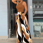 Ensemble-deux-pi-ces-pour-femmes-sexy-col-montant-fibre-solide-court-pantalon-jambes-larges-imprim