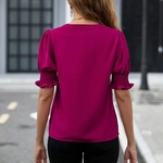Chemise-Manches-Courtes-et-Col-en-V-pour-Femme-Chemisier-D-contract-Coupe-Cintr-e-Couleur