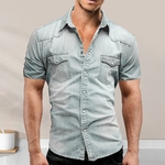 Chemise-en-denim-cousue-fine-pour-hommes-chemise-d-contract-e-classique-chemise-manches-courtes-coupe