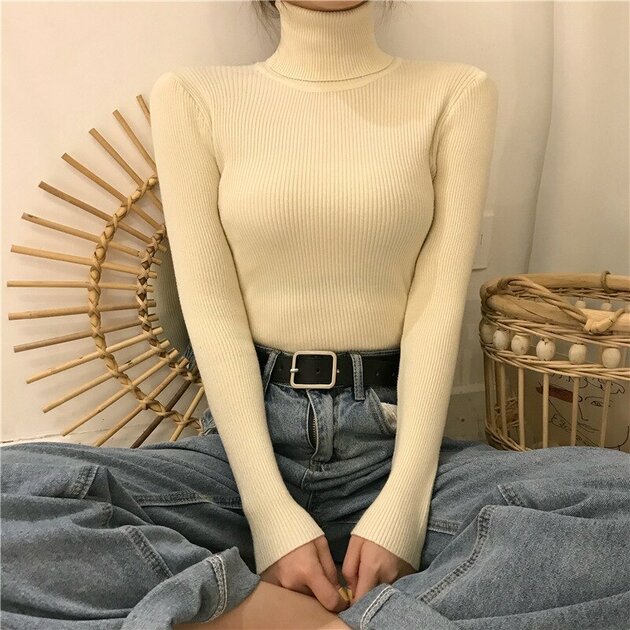 StarTreene Pull Femme Col Roulé Tricot Fin Automne Hiver - Slim Fit Uni Doux