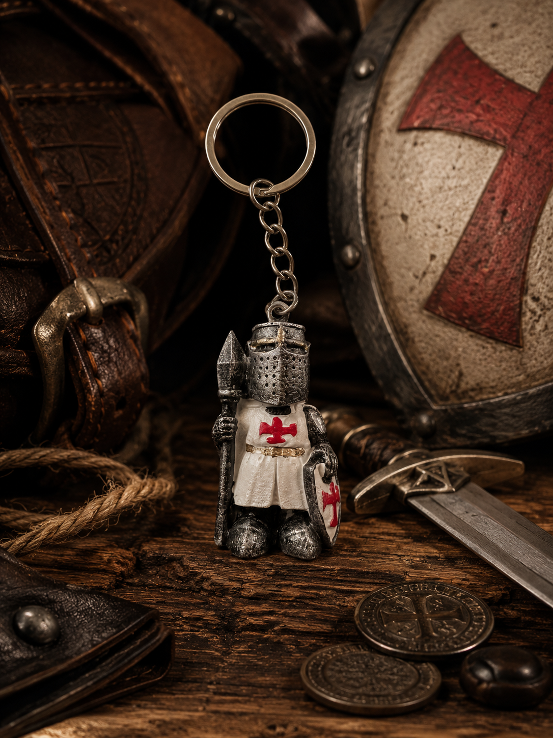 Porte-clés Chevalier Templier avec Lance et Bouclier