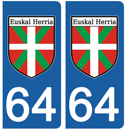 2 stickers pour plaque d\'immatriculation Auto, 64 Pyrénées Atlantiques, pays Basque