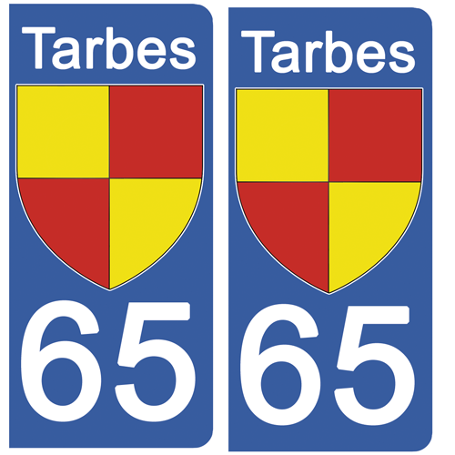2 stickers pour plaque immatriculation Auto, 65 TARBES, Hautes Pyrénées, Région OCCITANIE