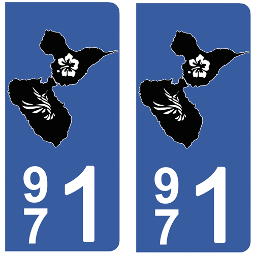 2 stickers pour plaque d\'immatriculation Auto, 971 carte de la Guadeloupe