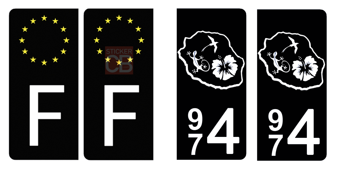Set de 4 stickers NOIR pour plaque d'immatriculation, 974 la Reunion -  Stickers pour plaque d'immatriculation/Plaque noire - The Little Boutique
