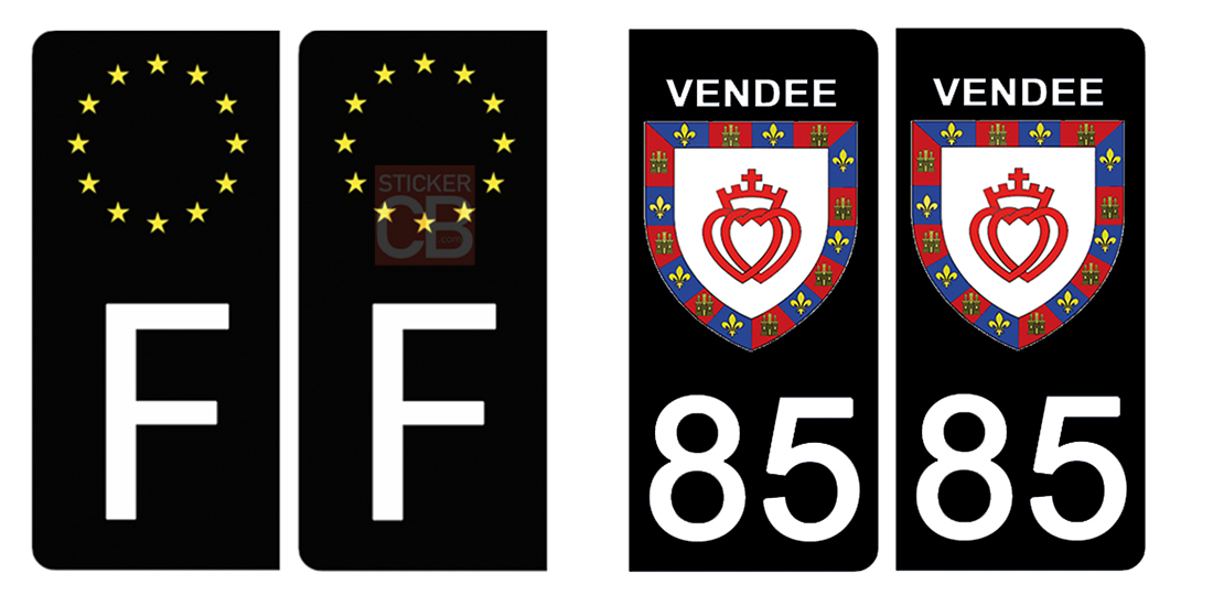 Set de 4 stickers NOIR pour plaque d'immatriculation, 85 VENDÉE