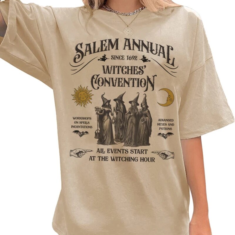 Salem-T-shirt-graphique-de-sorci-re-pour-femme-manches-courtes-vintage-dr-le-Halloween-vacances