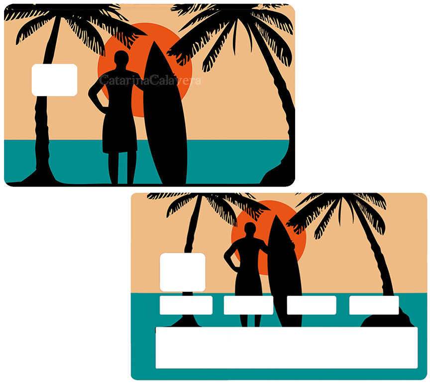 Autocollant pour carte bancaire, Sticker pour carte bancaire, Surf, Plage et Cocotiers
