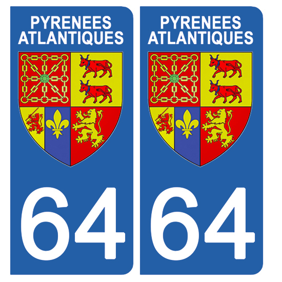 2 stickers pour plaque d\'immatriculation Auto, 64 blason des Pyrénées Atlantiques