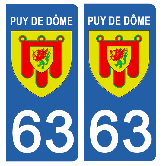 2 stickers pour plaque d\'immatriculation Auto, 63 blason du Puy de Dome