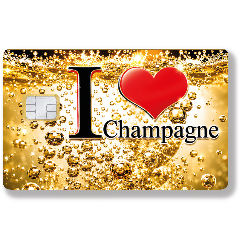 Sticker pour carte bancaire, I love CHAMPAGNE – disponible en deux formats.