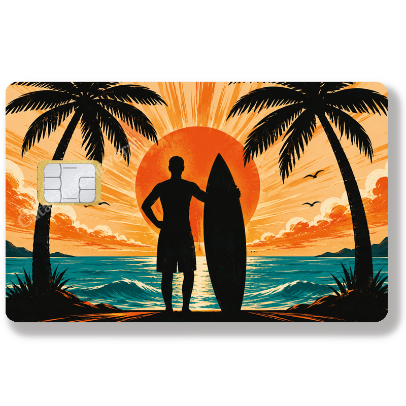 Surf, Plage et Cocotiers - Sticker pour carte bancaire, Format US