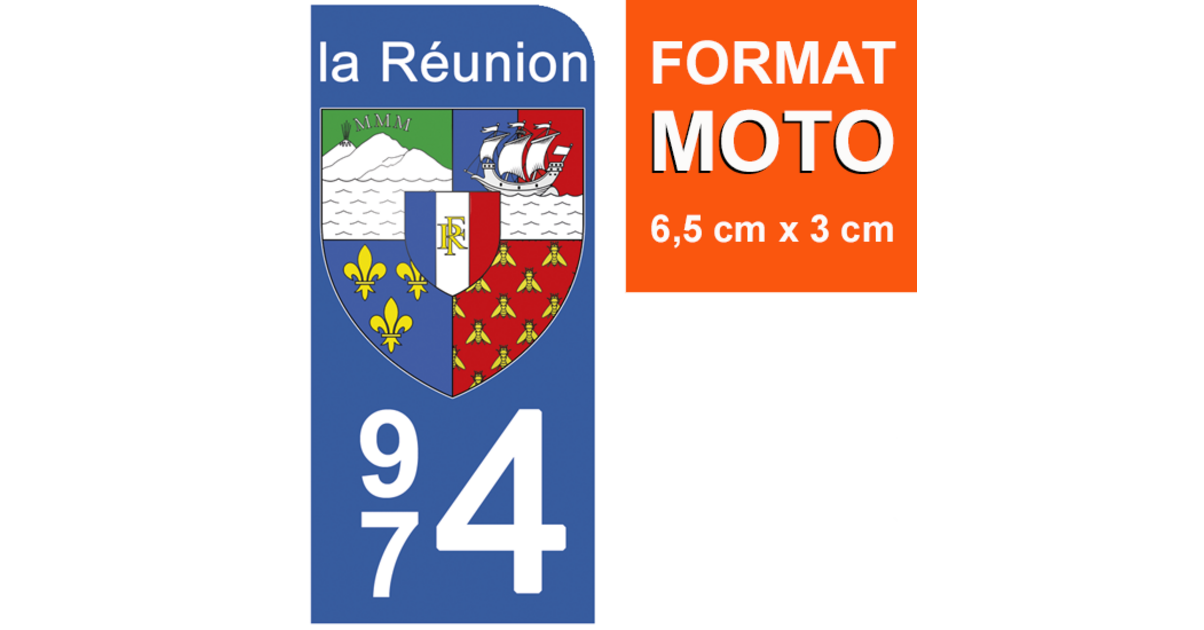 Adesivo Per Targa Moto 974 Con Stemma Della Riunione - Prodotto In Francia, Vinile Resistente UV E Acqua, 6,3 X 2,9 Cm