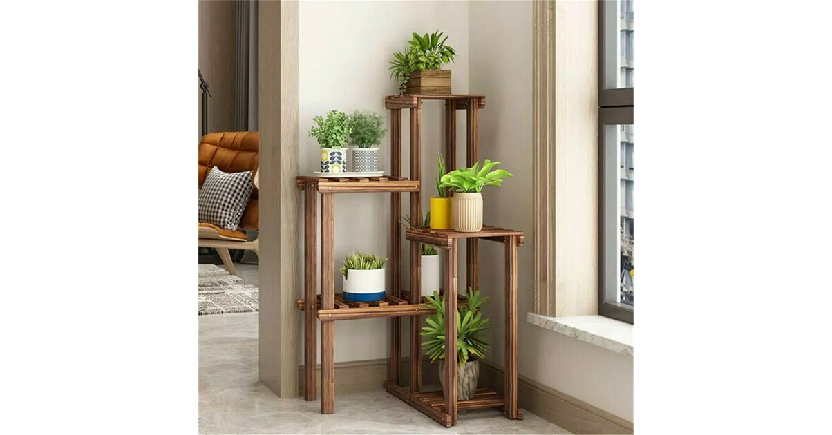 Étagère à Plantes D'Angle STLOVe 6 Niveaux - Support Pot De Fleurs Bois Métal Intérieur/Extérieur