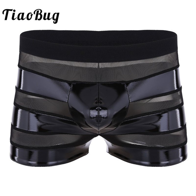 TiaoBug-Boxer-noir-pour-homme-Lingerie-effet-mouill-Faux-cuir-maille-Patchwork-rayures-taille-basse-Sexy