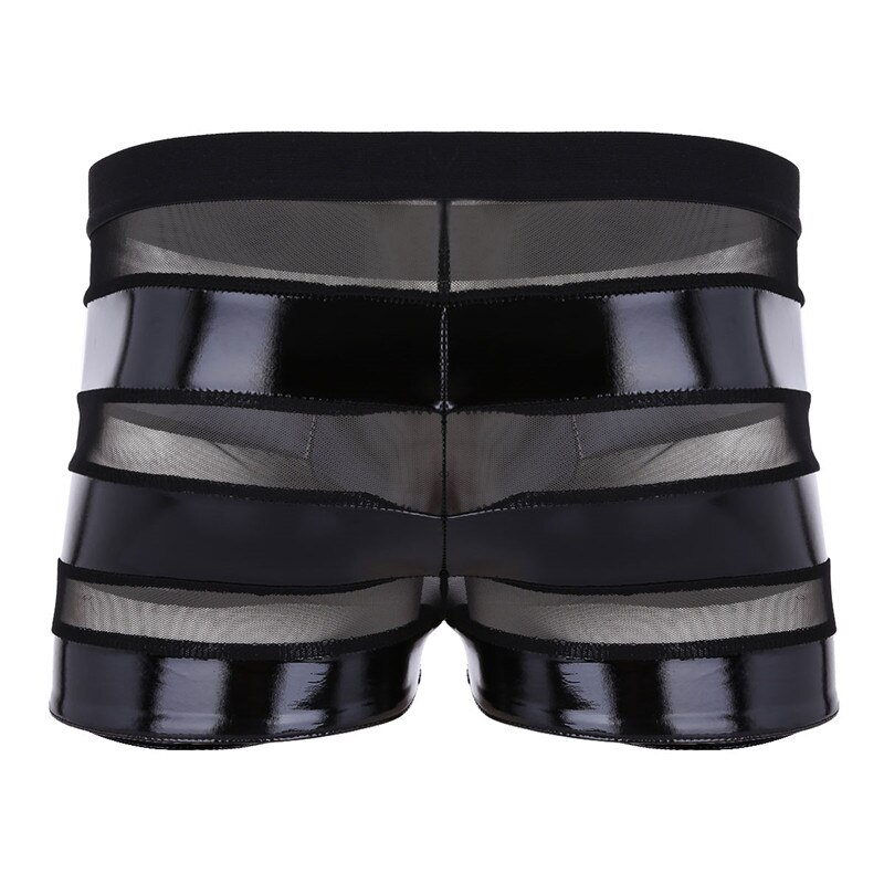TiaoBug-Boxer-noir-pour-homme-Lingerie-effet-mouill-Faux-cuir-maille-Patchwork-rayures-taille-basse-Sexy