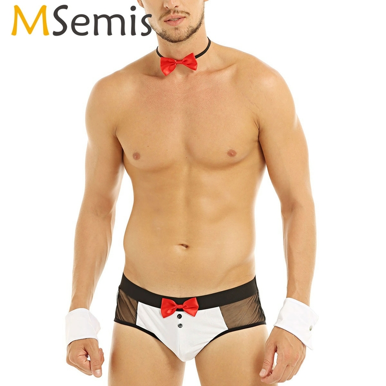 MSemis-3-pi-ces-hommes-Sexy-Lingerie-Costume-ensemble-voir-travers-maille-bout-bout-fend-slip