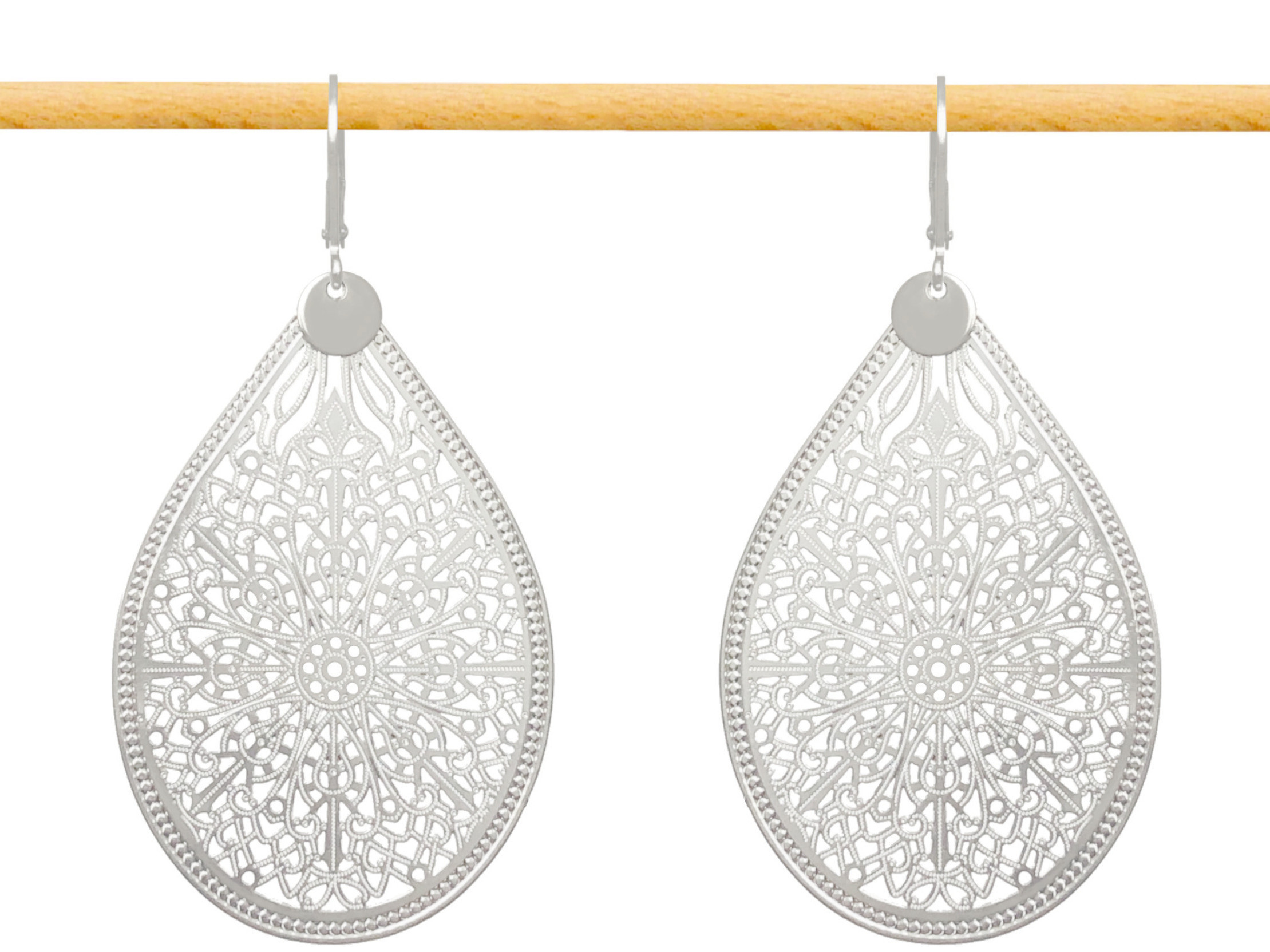 Boucles d'oreilles SALAMA dormeuses pendantes grand pendentif filigrane goutte acier inoxydable argent-minimaliste-bohème- MARJANE et Cie