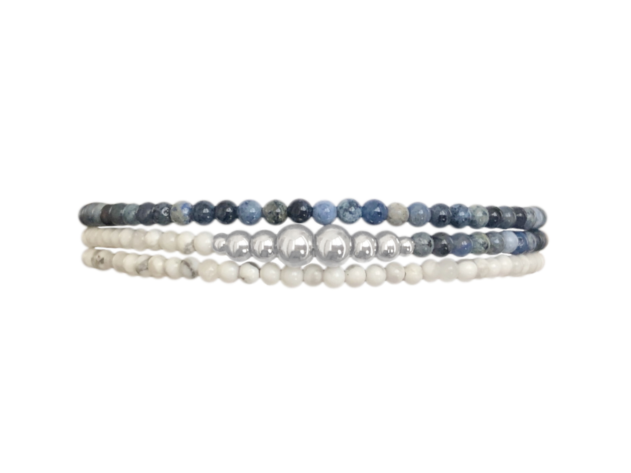 Bracelet NORA2 multirang acier inoxydable argent et perles naturelles semi précieuses sodalite bleue et howlite blanc -multi rang-tour- MARJANE et Cie