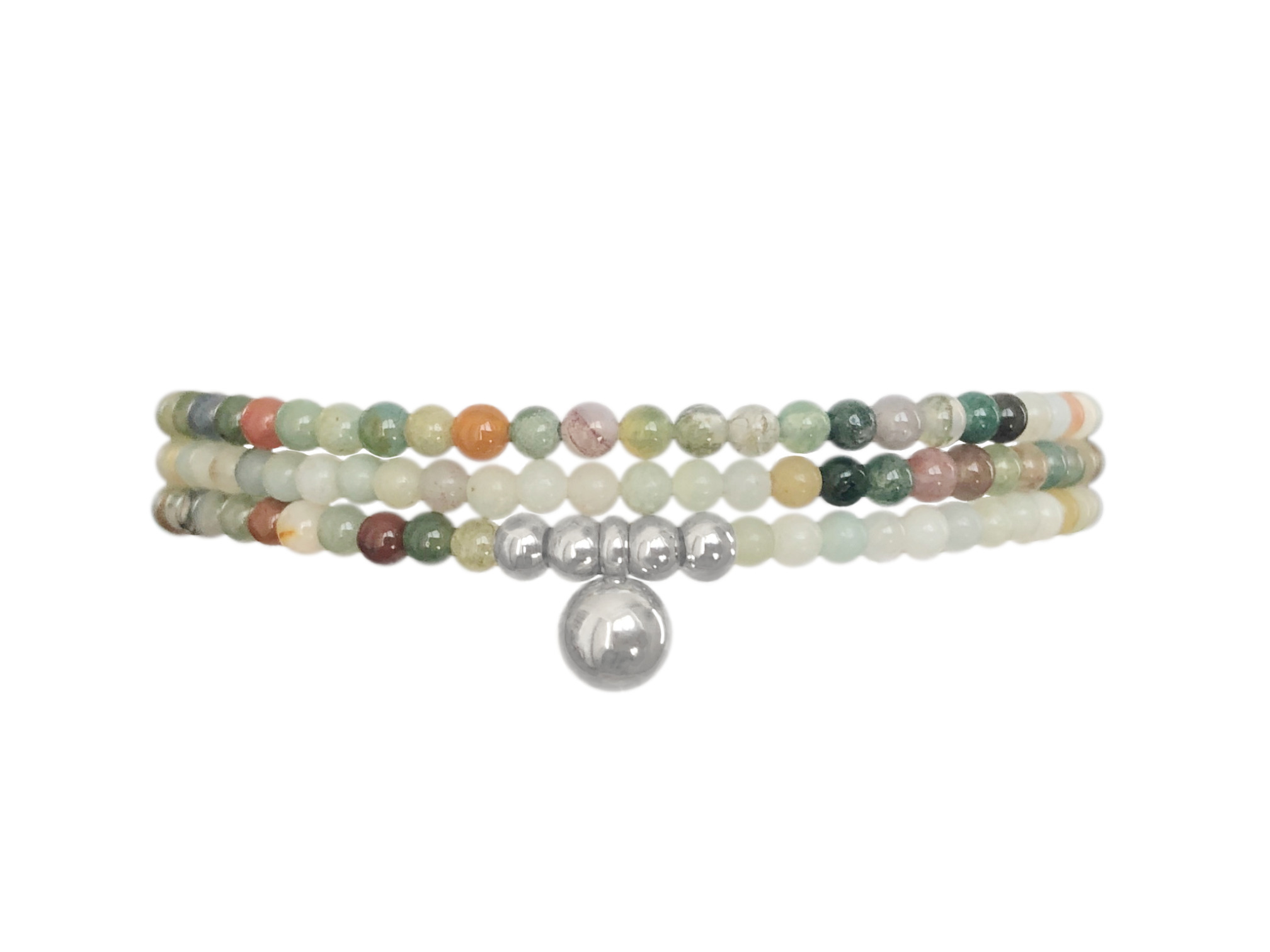 Bracelet SARAH2 multi rang acier inoxydable argent et perles naturelles semi précieuses agate indienne et amazonite verte -multirang- MARJANE et Cie