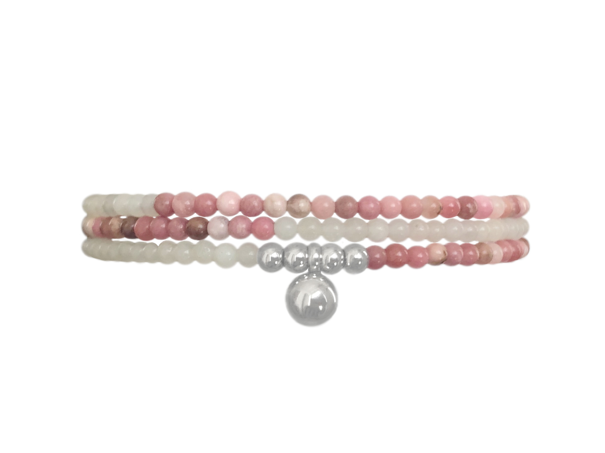 Bracelet SARAH7 multirang acier inoxydable argent et perles naturelles semi précieuses rhodonite rose et amazonite-multi tour- MARJANE et Cie