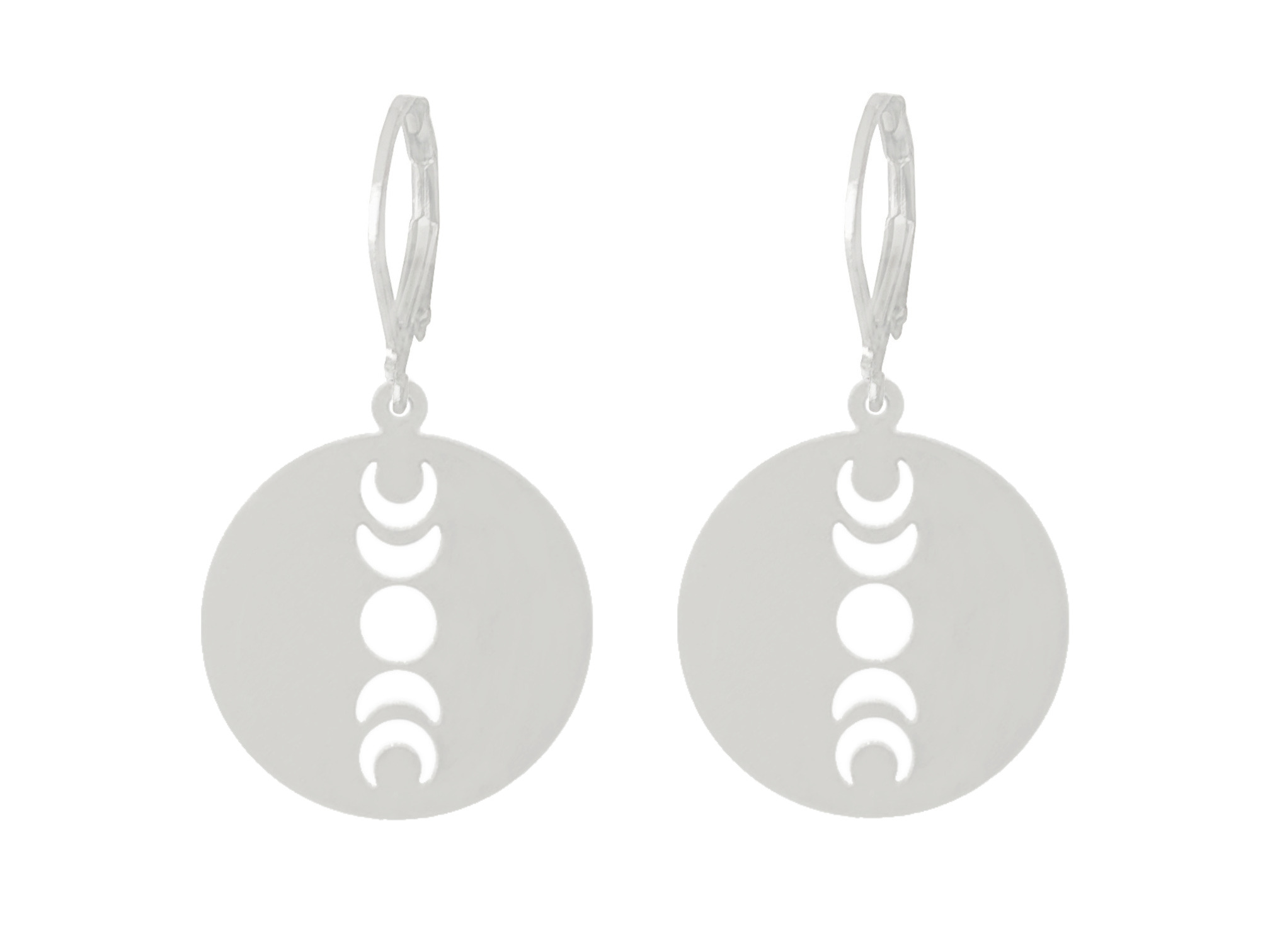 Boucles doreilles RAÏDA dormeuses acier inoxydable argenté pendentif rond cycle croissant lune minimaliste