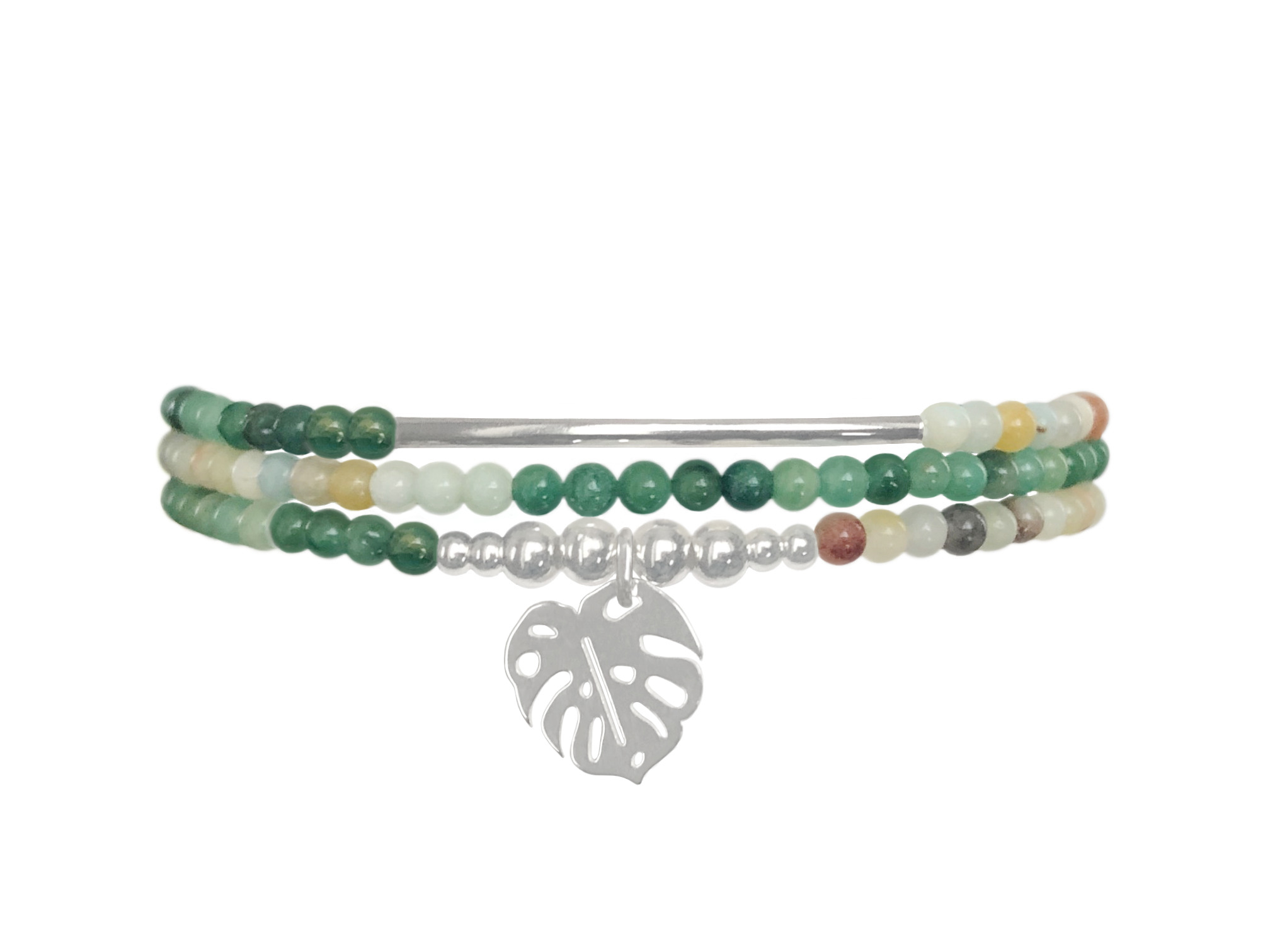 Bracelet ELNAZ2 multirang argent massif 925 perles naturelles semi précieuses jade africaine et amazonite verte-feuille-monstera-MARJANE et Cie