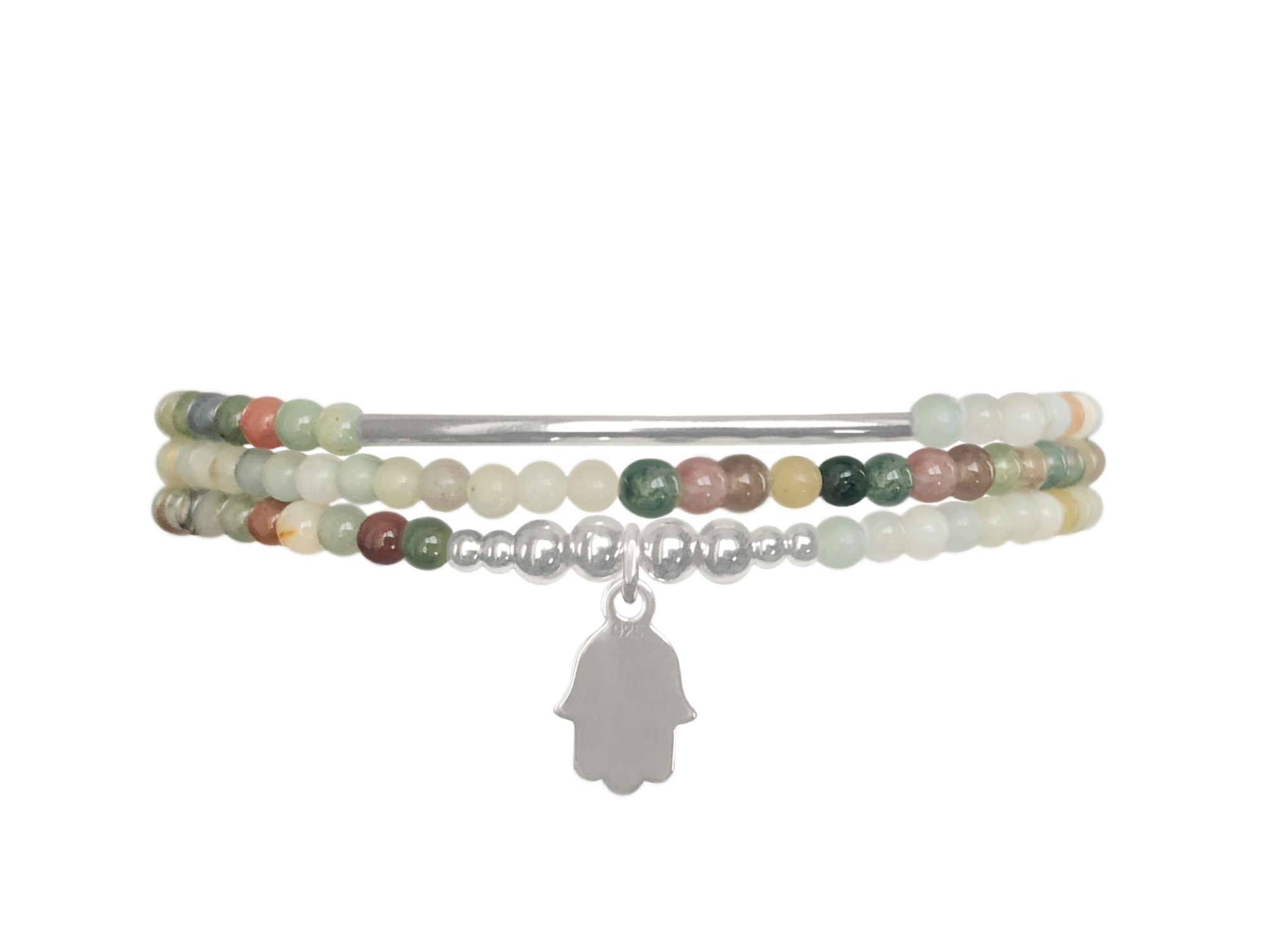 Bracelet ELNAZ3 multi tour argent massif 925 perles naturelles semi précieuses agate indienne et amazonite verte-rang-fatma-hamsa-khamsa-Fatma- MARJANE et Cie