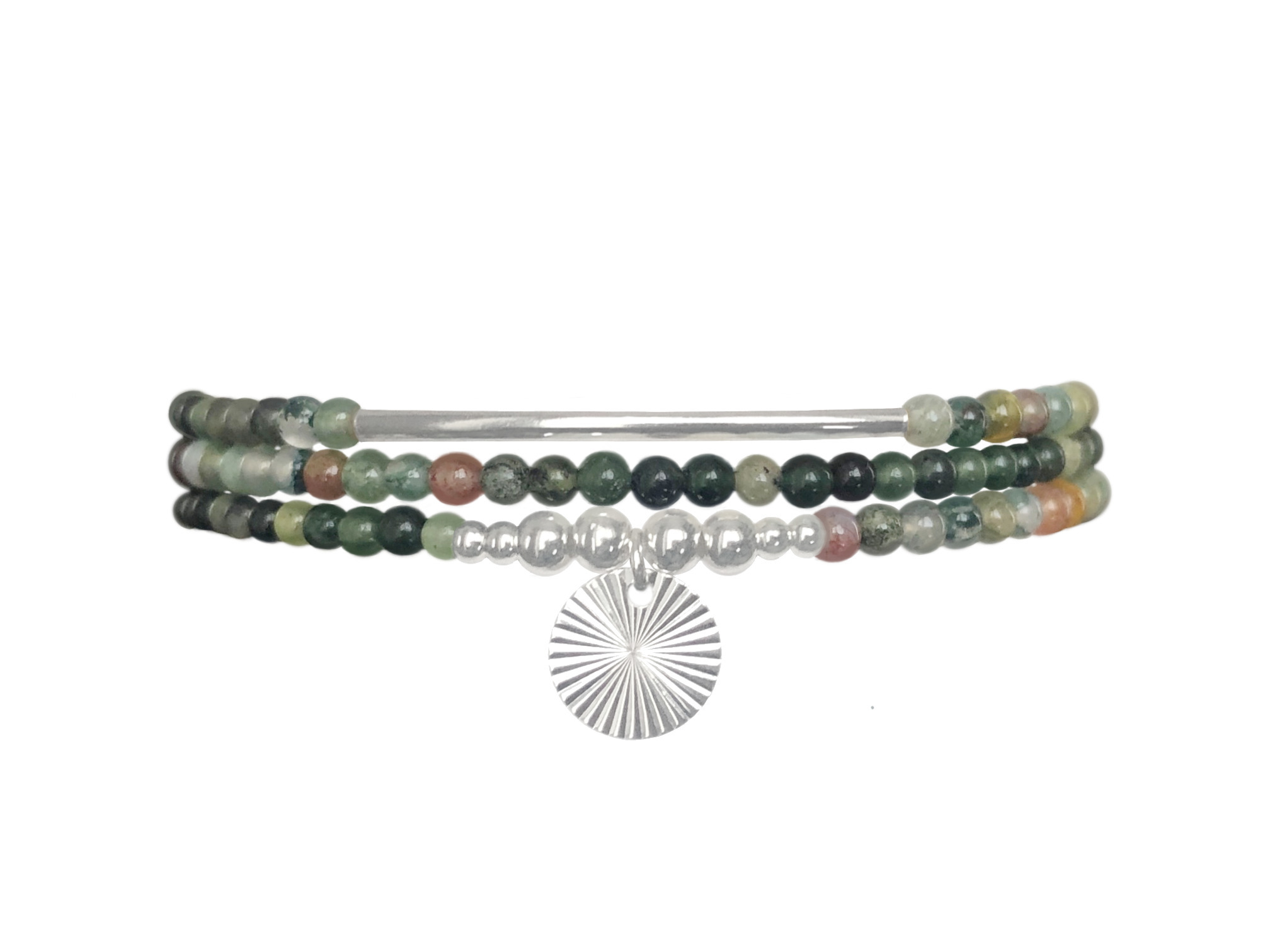 Bracelet ELNAZ5 triple rang argent massif perles naturelles semi précieuses jade verte et agate indienne-multirang-multi rang-tour-médaille- MARJANE et Cie