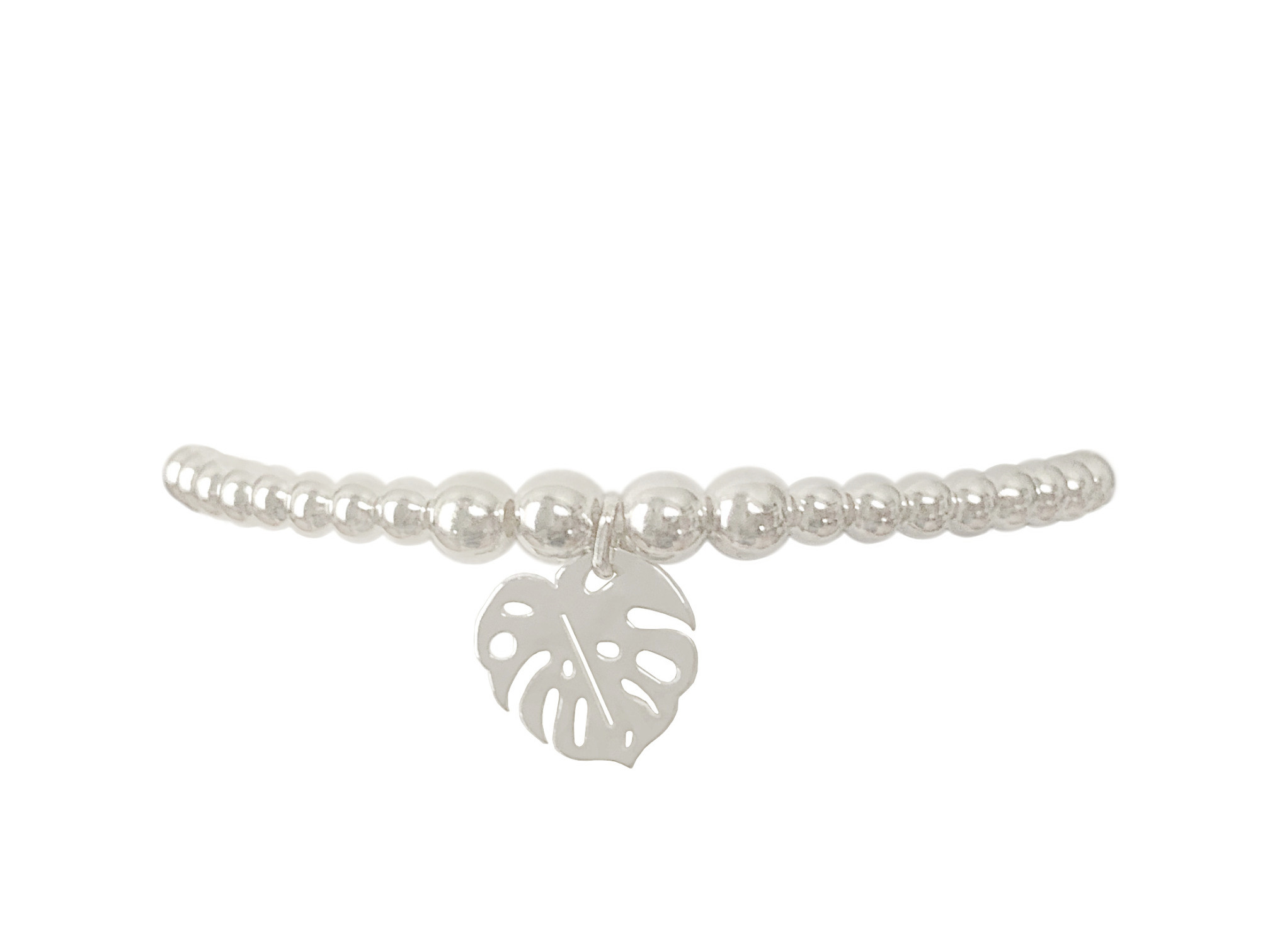 Bracelet ABICHAM5 argent massif 925 perles et pendentif feuille de monstera -elastique-minimaliste-bohème - MARJANE et Cie