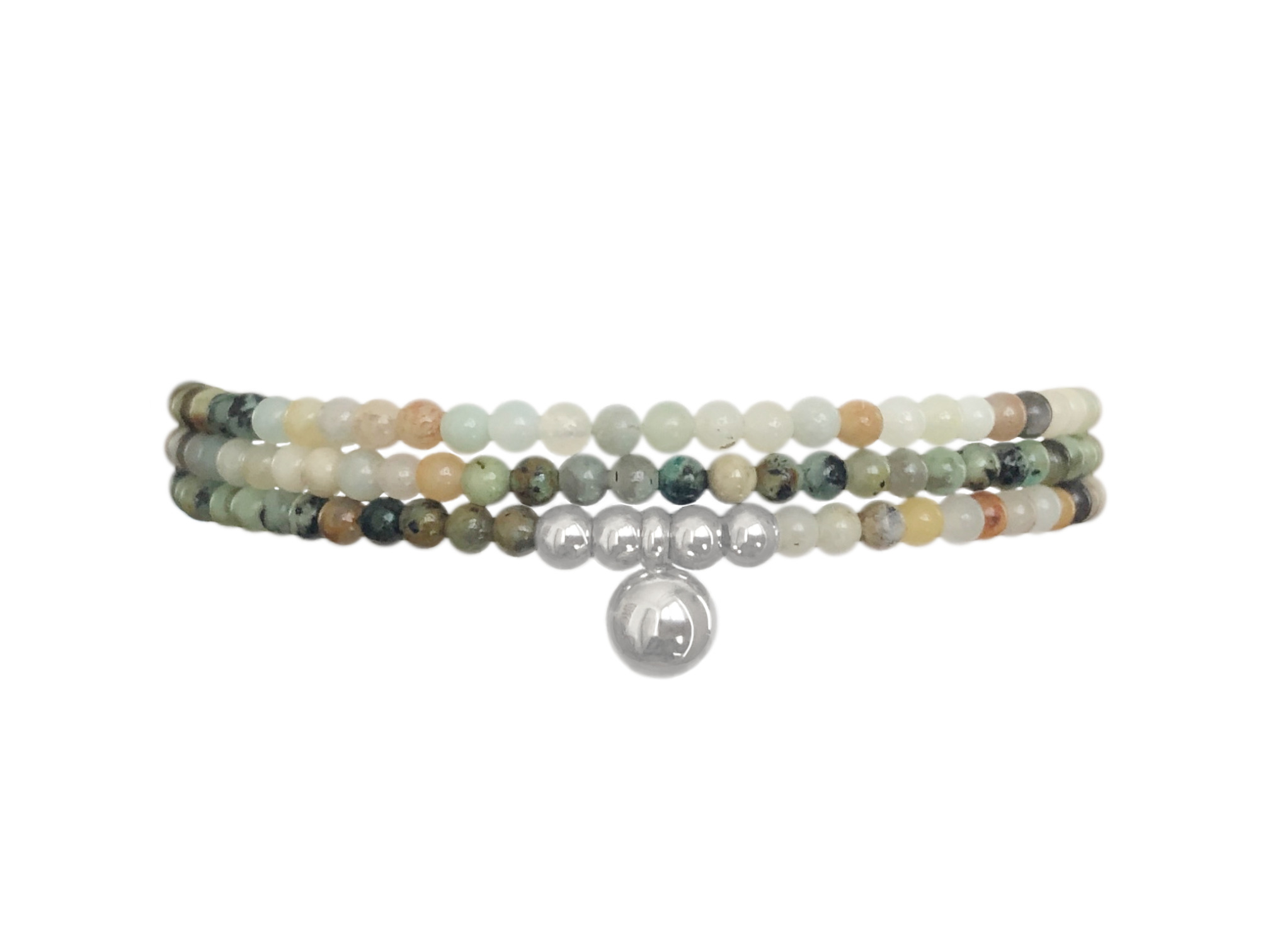 Bracelet SARAH3 multirang acier inoxydable argent et perles naturelles amazonite et turquoise africaine verte-multi rang-tour- MARJANE et Cie