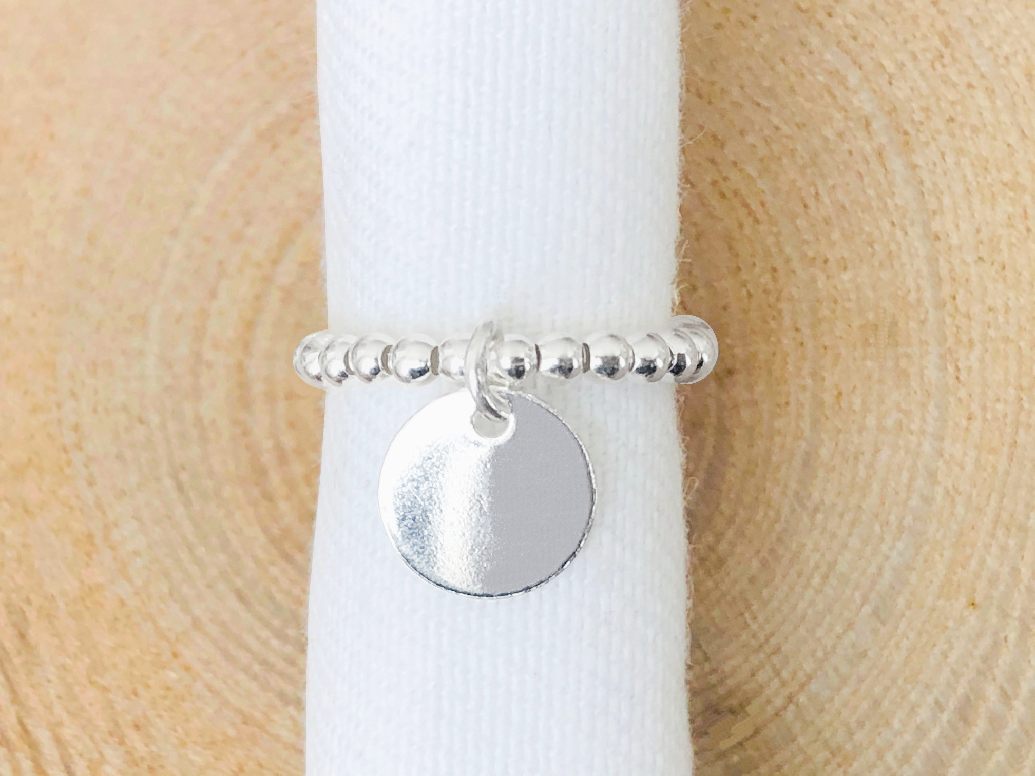 Bague TAHANI empilable argent 925 perles billes élastique et pendentif médaille-minimaliste