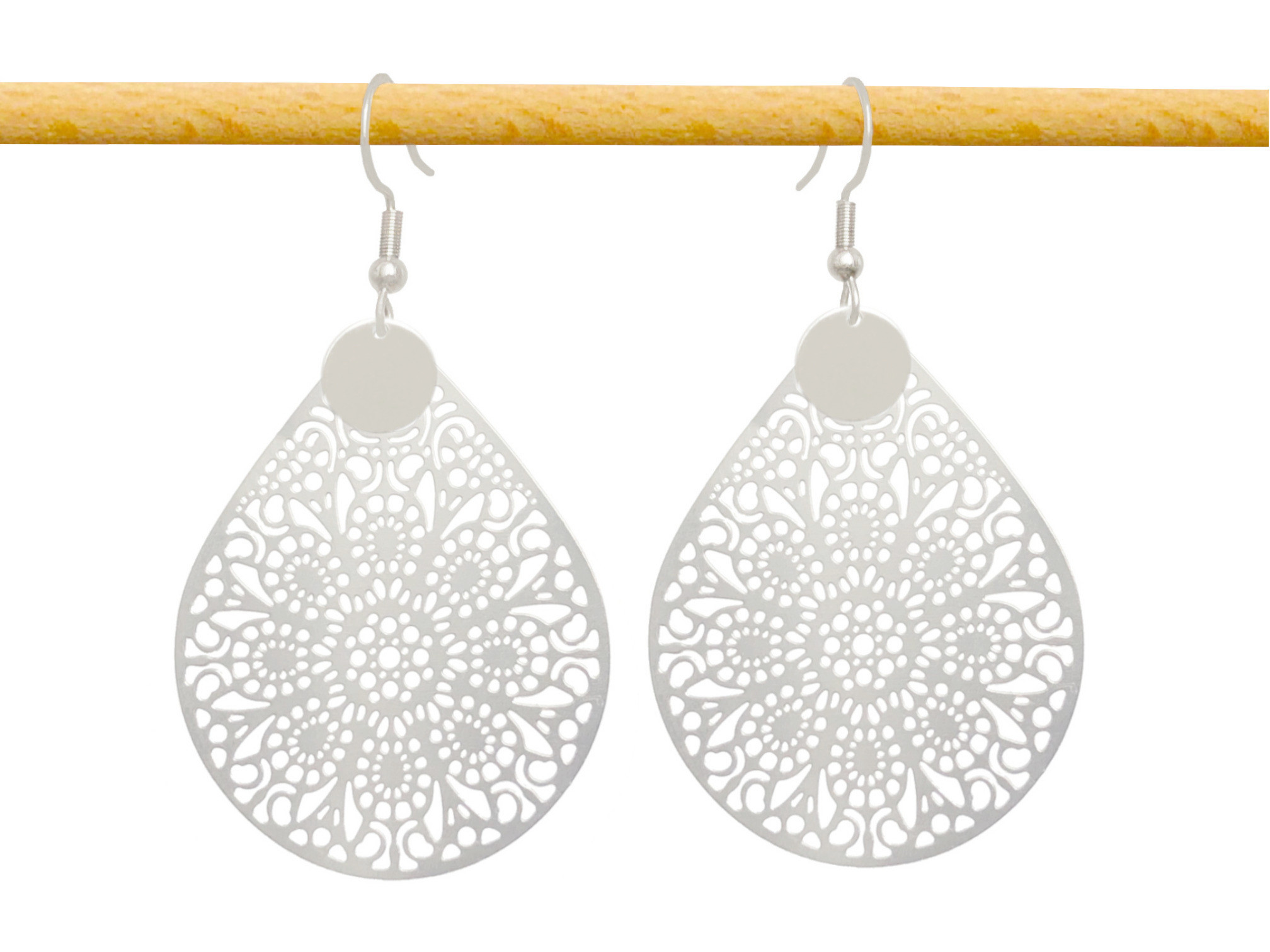 Boucles d'oreilles ABHA pendantes pendentif filigrane goutte rosace acier inoxydable argent-MARJANE et Cie