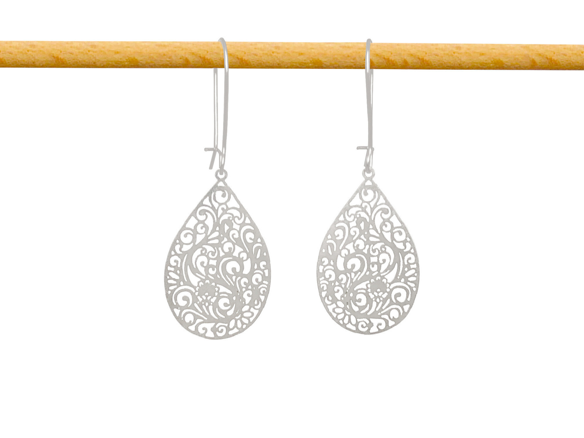 Boucles d'oreilles MALIKA pendantes pendentif filigrane goutte arabesques acier inoxydable argent-minimaliste-bohème- MARJANE et Cie