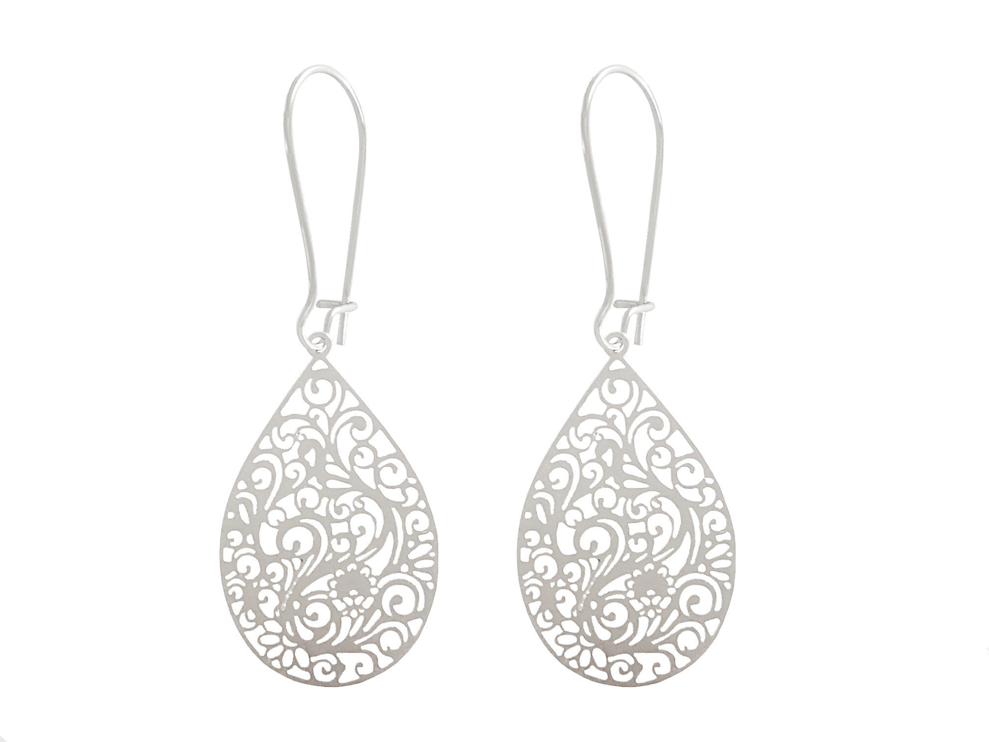 Boucles doreilles MALIKA pendantes filigrane goutte arabesques acier inoxydable argent minimaliste