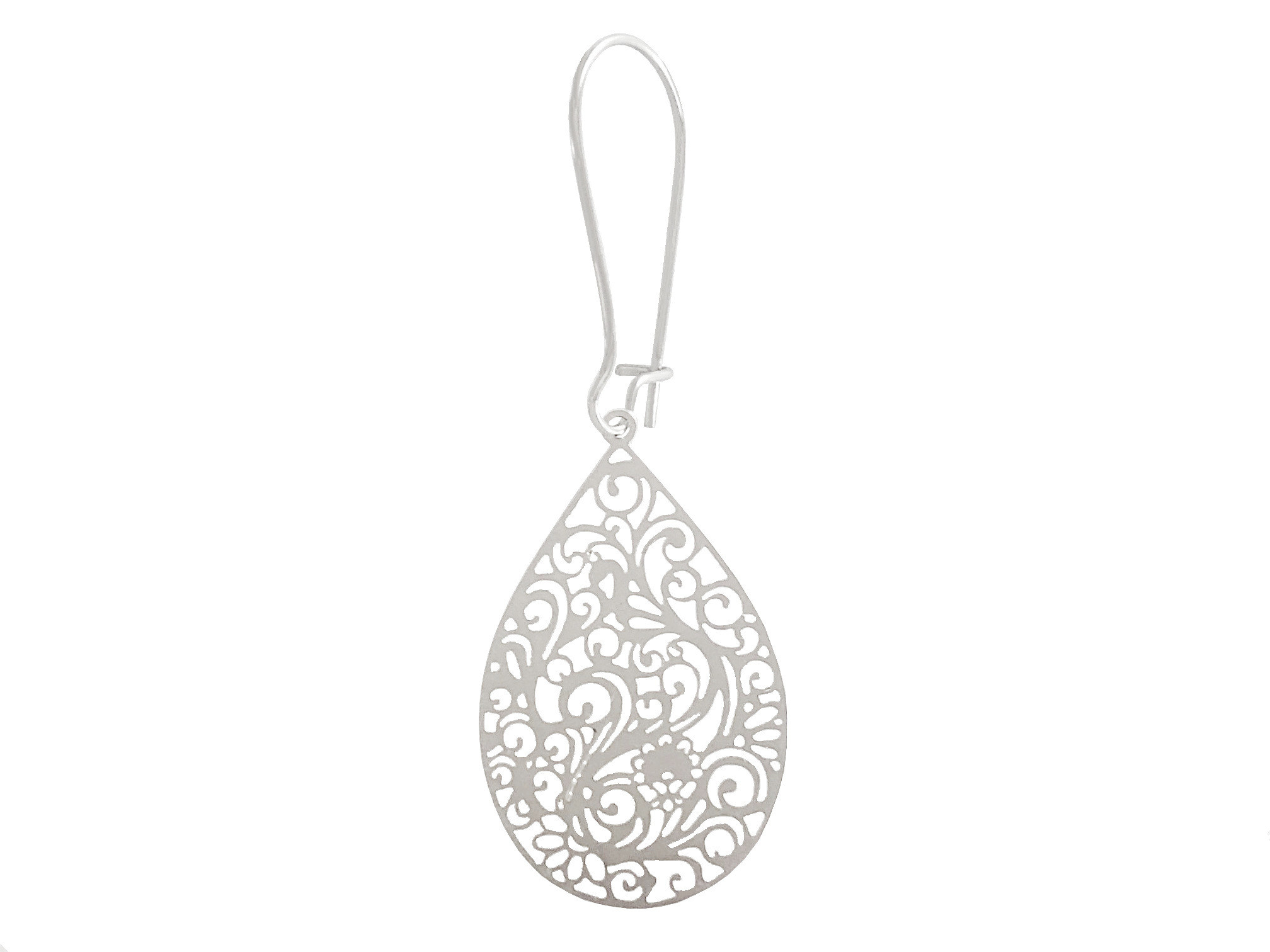 Boucles doreilles MALIKA longues pendentif filigrane goutte arabesques acier inoxydable argent bohème