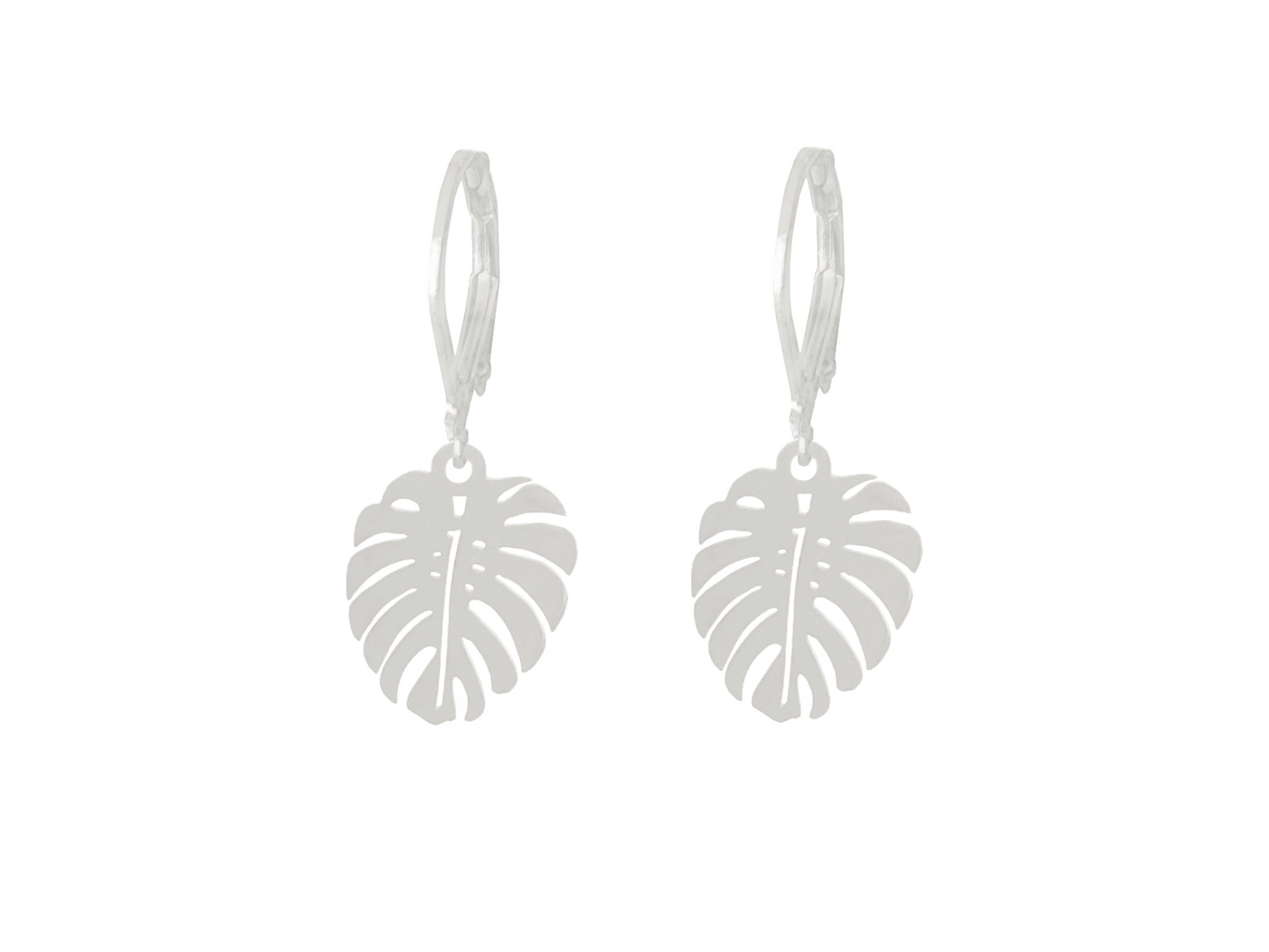 Boucles doreilles SOUMEYA dormeuses acier inoxydable argent breloque feuille monstera minimaliste