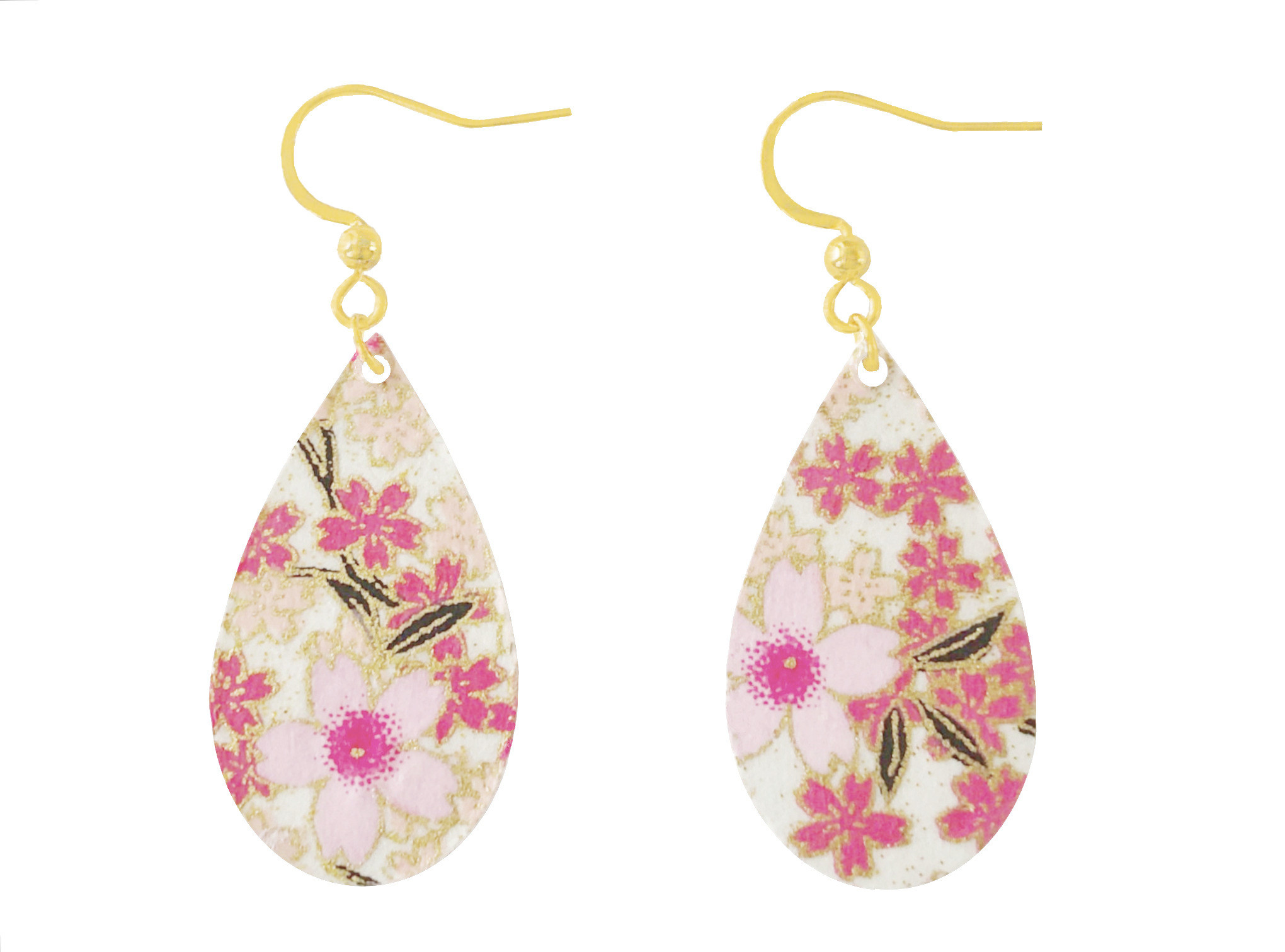 Boucles doreilles AMAYA acier inoxydable doré or pendentif papier washi japonais fleurs couleur rose blanc minimaliste